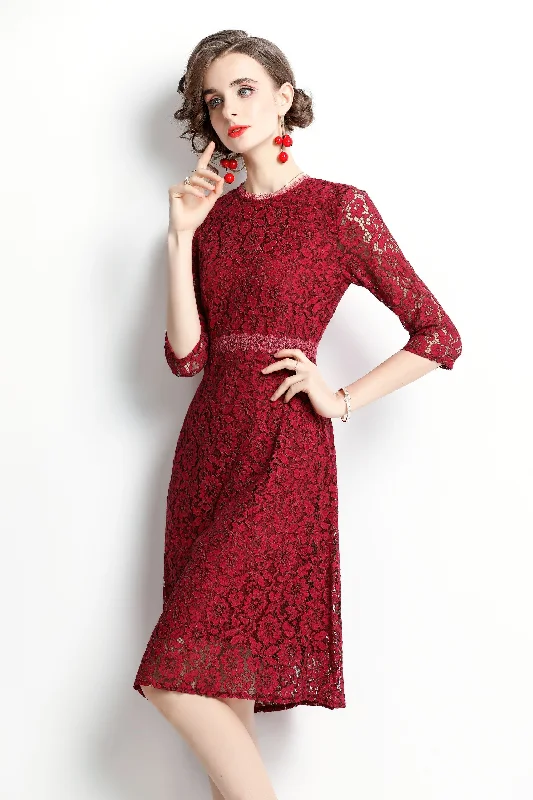 Deal Alert Red Cocktail & Party A-line Crewneck Elbow Sleeve Knee Lace Dress