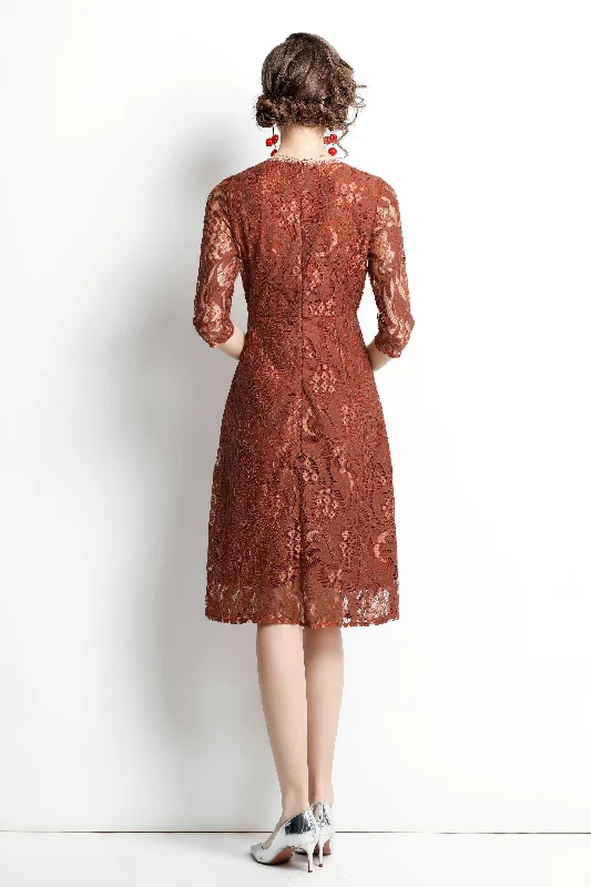 Deal of the Week Brown Cocktail & Party A-line Crewneck Elbow Sleeve Knee Lace Dress