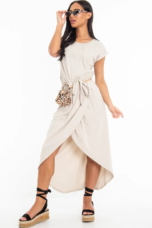 Deal Alert Beige Scoop Neck Belted Wrap Maxi Dress - Allie
