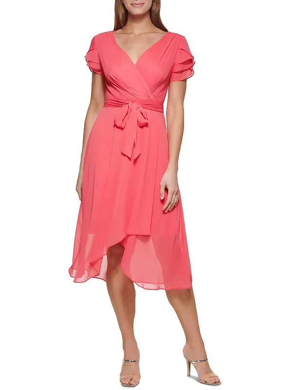 Early Access Petites Womens Ruffled Sheer Wrap Dress