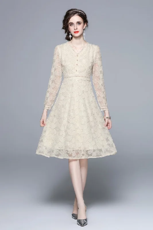 Time-Limited Offer Apricot Evening A-line V-neck Short Sleeve Below Knee Lace Floral Dress