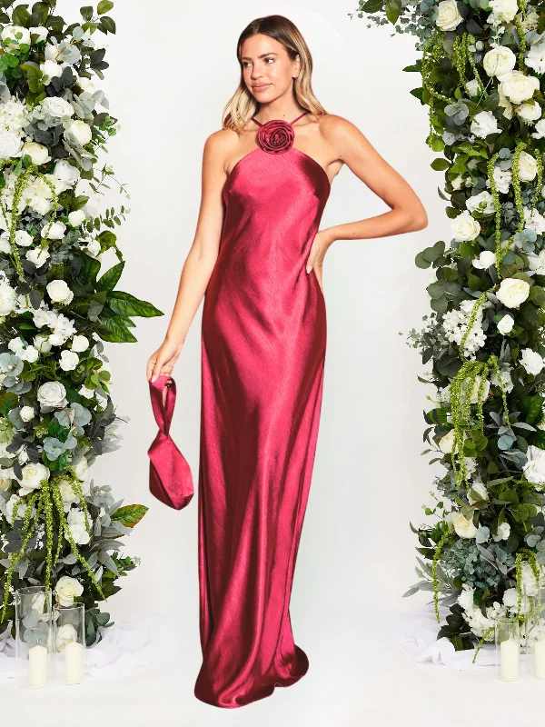 Can't Be Beat Corsage Detail Satin Maxi Dress / Claret