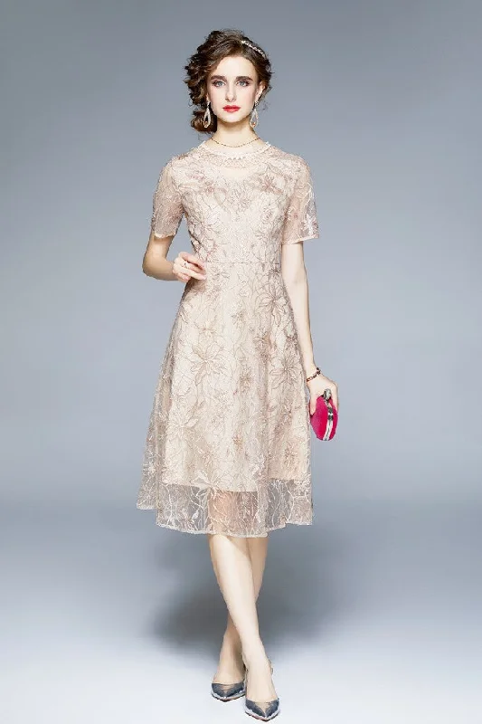 Final Markdown Apricot Evening A-line Crewneck Short Sleeve Below Knee Lace Dress