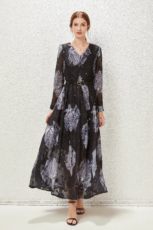 Discount Deals Black & Gray Cocktail A-line V-neck Long Sleeve Tea Floral Dress
