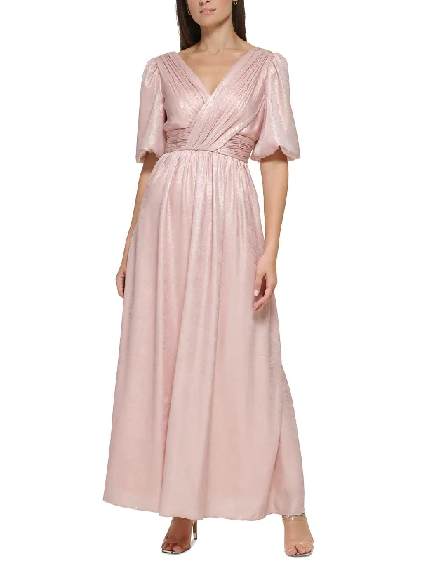 Online Exclusive Womens Metallic Puff Sleeve Evening Dress
