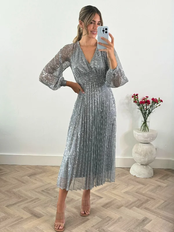 Value Deals Dannica Pleated Balloon Sleeve Maxi Dress / Silver