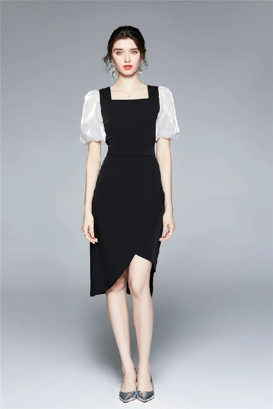 Extra Savings Black & White Office Fitted Squareneck Short Sleeve Above Knee Dress