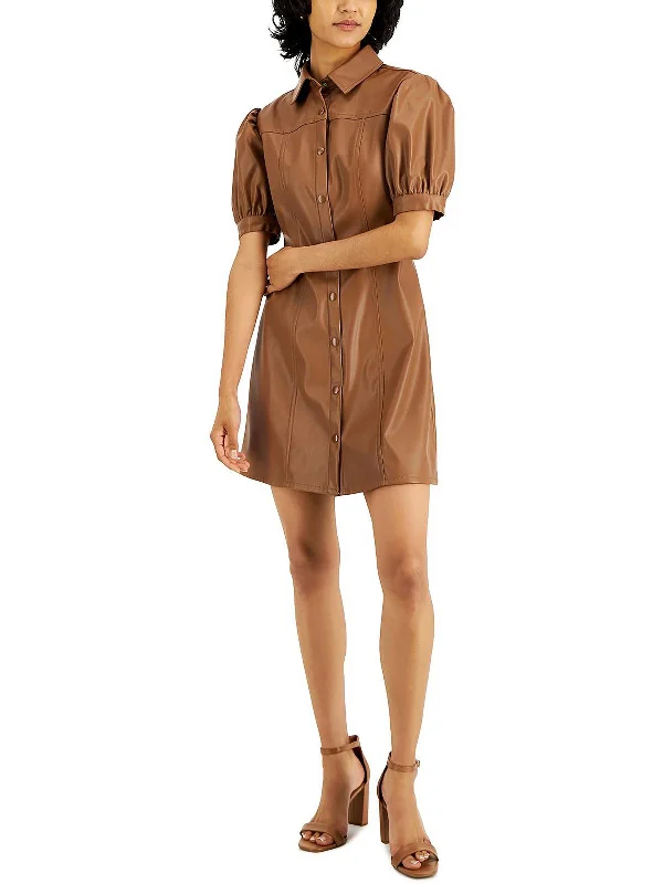 Sale Event Womens Faux Leather Puff Sleeves Shirtdress