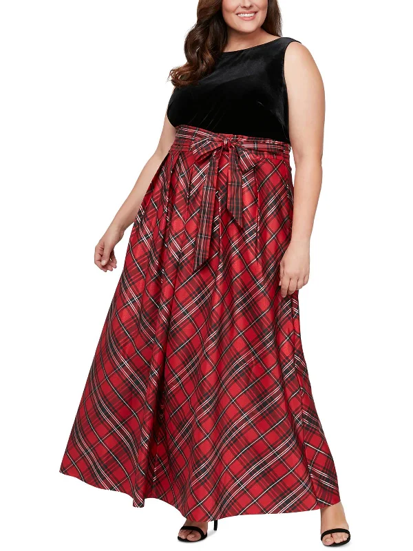 Now or Never Plus Womens Velvet Plaid Maxi Dress