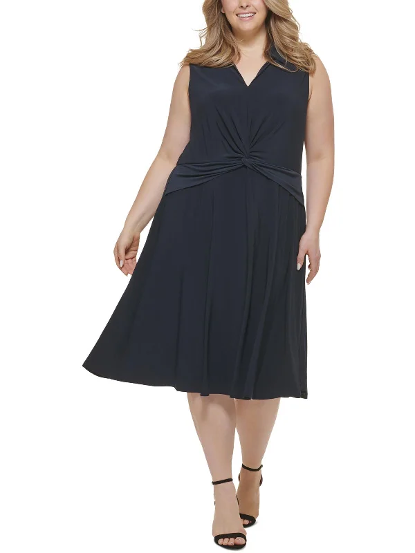 Flash Deals Plus Womens Twist-Front Midi Fit & Flare Dress