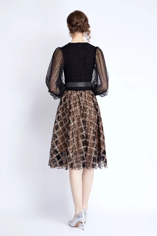 Overstock Sale Black & Apricot Cocktail & Party A-line Crewneck Bracelet Knee Lace Dress