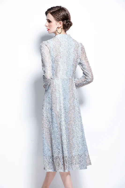 Price Break Light blue & Violet Evening A-line Crewneck 3/4 Sleeves Midi Lace Dress