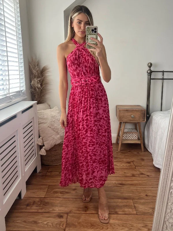 Best Seller Paige Halter Pleated Belted Dress / Pink Animal