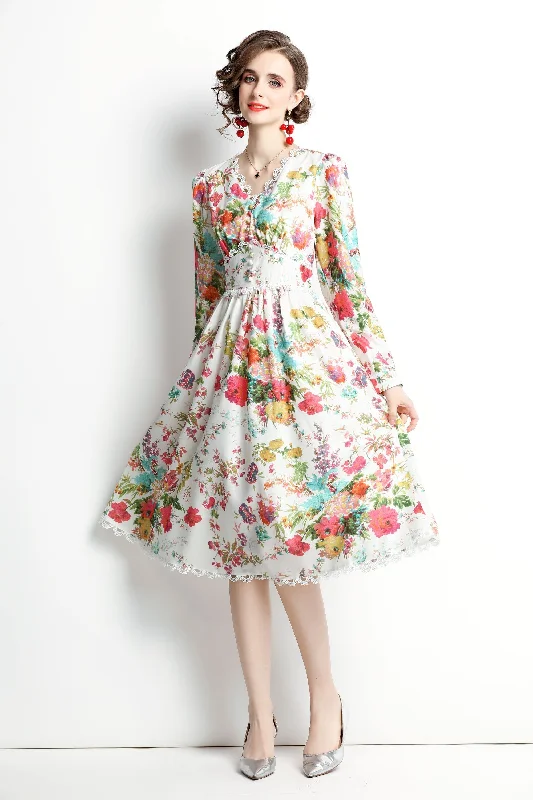 Epic Deals Multicolor Day A-line V-neck Long Sleeve Below Knee Printed Dress