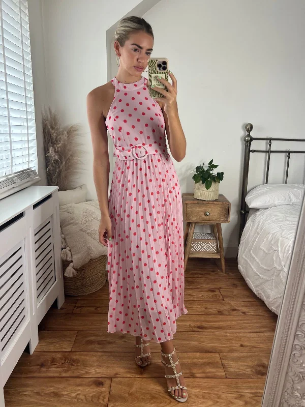 Bargain Prices Luisa Belted Pleated Maxi Dress / Pink And Red Spot Print