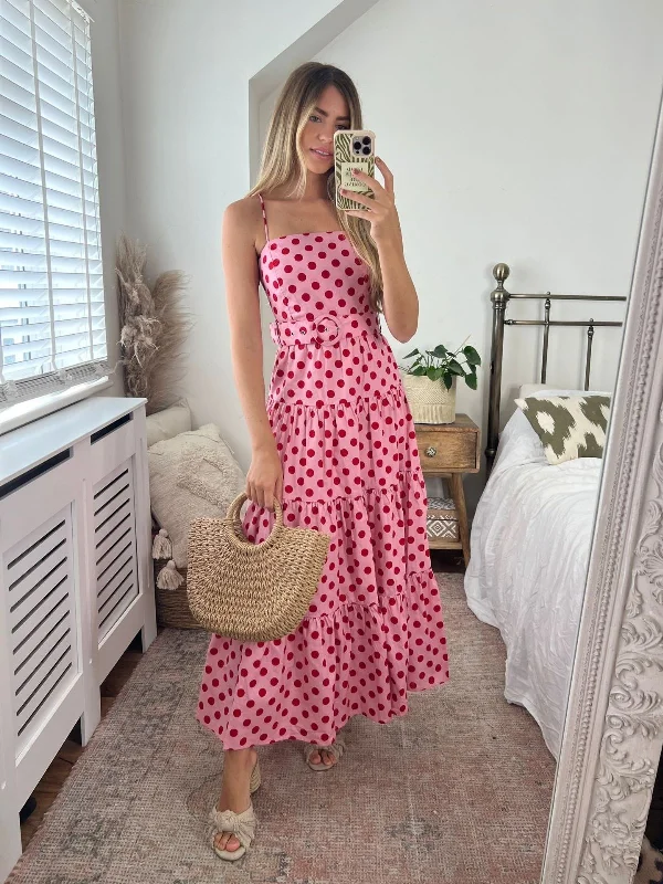 Exclusive Access Tillie Bandeau Belted Midi Dress / Pink And Red Spot