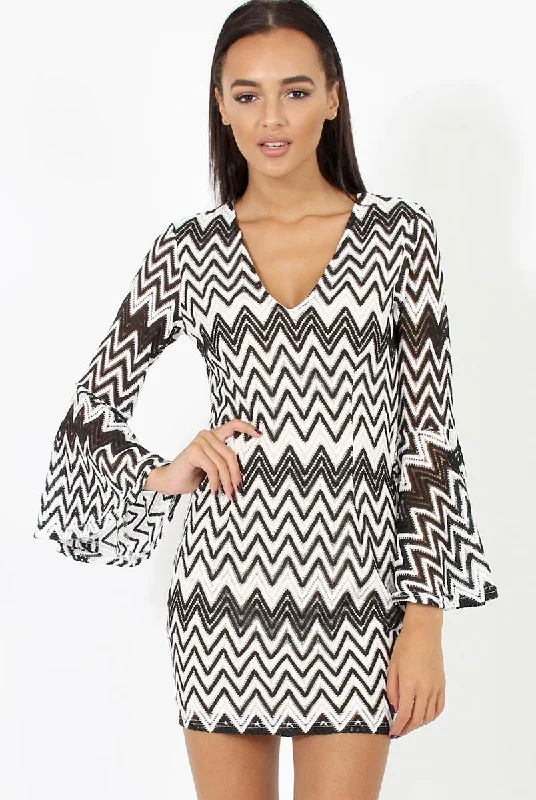 Daily Deals Black & White Crochet Flare Sleeve Dress - Kady