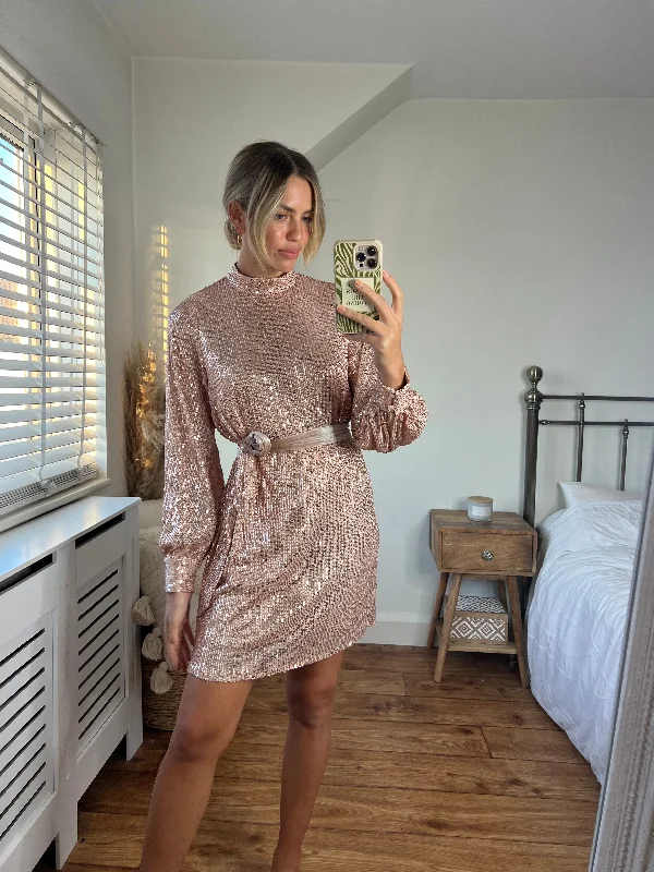 Inventory Reduction Hannah Sequin High Neck Mini Dress / Rose Gold