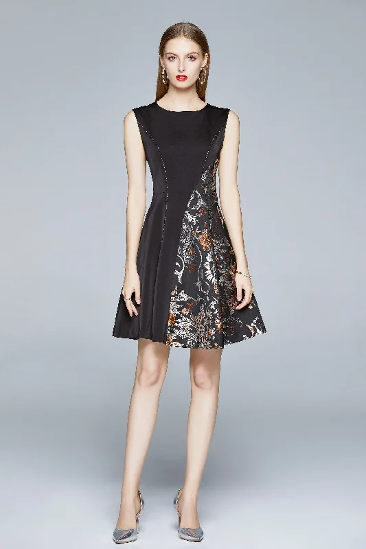 Act Fast Black & Silver Evening Boatneck Sleeveless Short A-line Dress