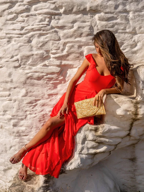 Year-End Sale Bella Ruffle Detail Maxi Dress in Red
