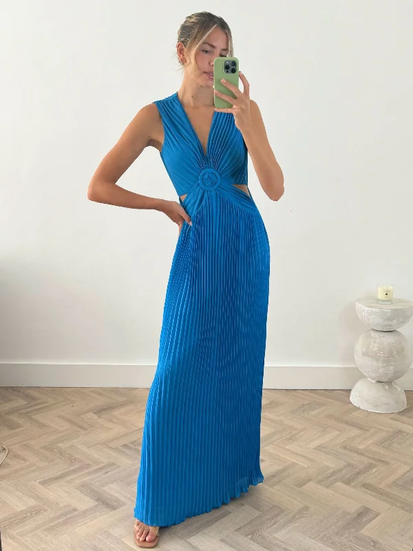 Online Only Alma Cut Out Pleated Dress in Blue