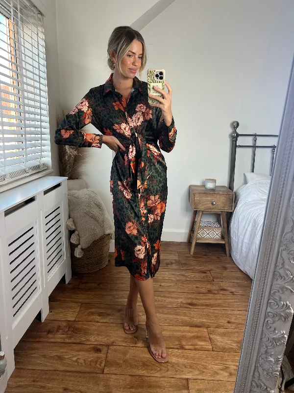 Exclusive Online Offer Cassie Tie Front Midi Dress / Khaki & Orange