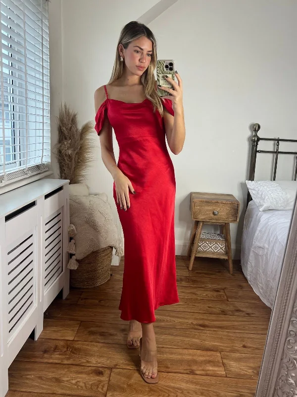 Price Drop Alert Melanie Cold Shoulder Midi Slip Dress / Red