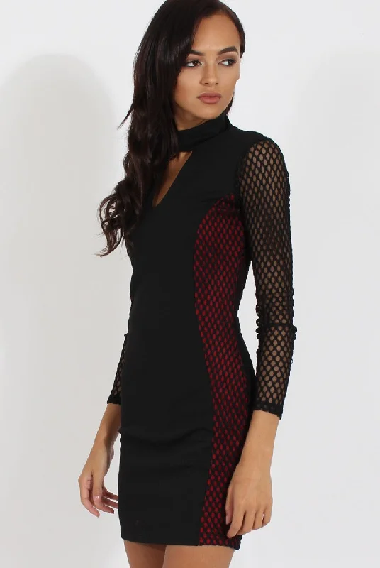 Exclusive Savings Black & Red Mesh Detail Cut Out Bodycon Dress - Derry