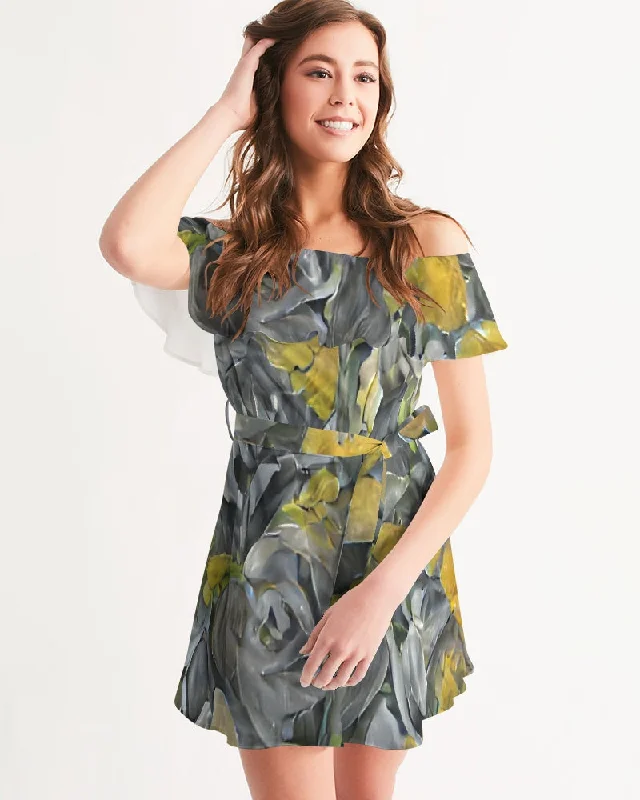 Savings Event Orange and yellow and grey abstract design of Roses Women's Off-Shoulder Dress
