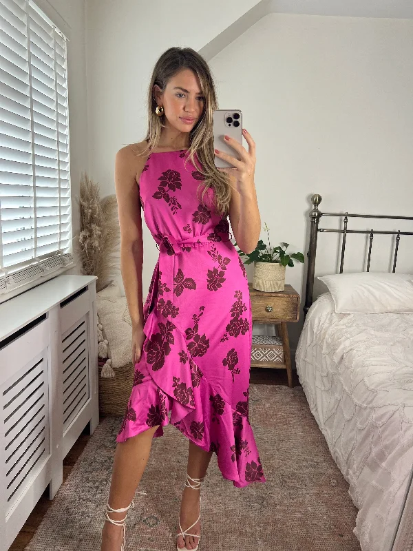 Overstock Ariana Halter Frill Dress / Mulberry Floral Print