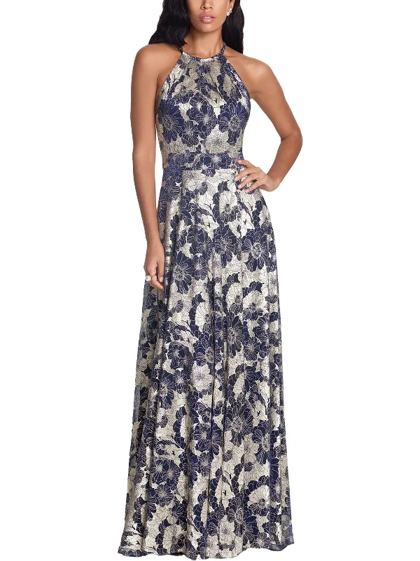 Price Reduction Petites Womens Metallic Crinkled Evening Dress
