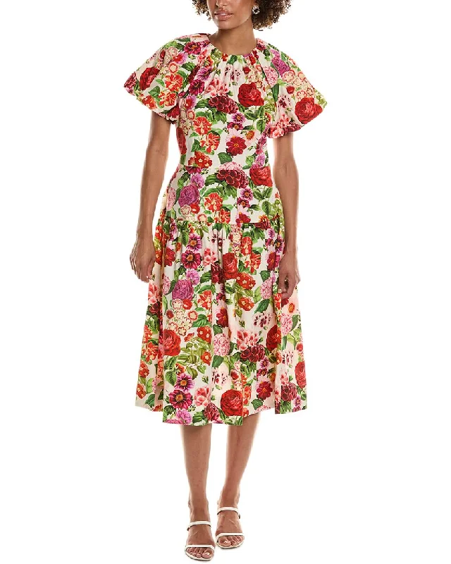 Hurry In Teri Jon by Rickie Freeman Floral Puff Sleeve Midi Dress