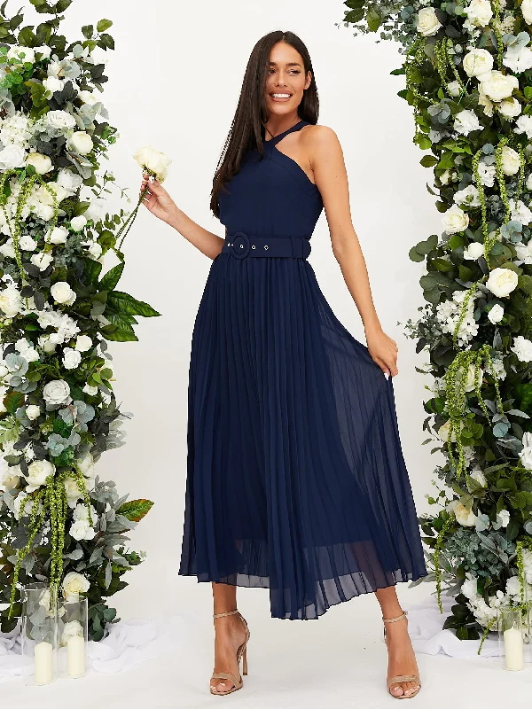 Blowout Sale Cross Neck Pleated Midaxi Chiffon Dress / Navy