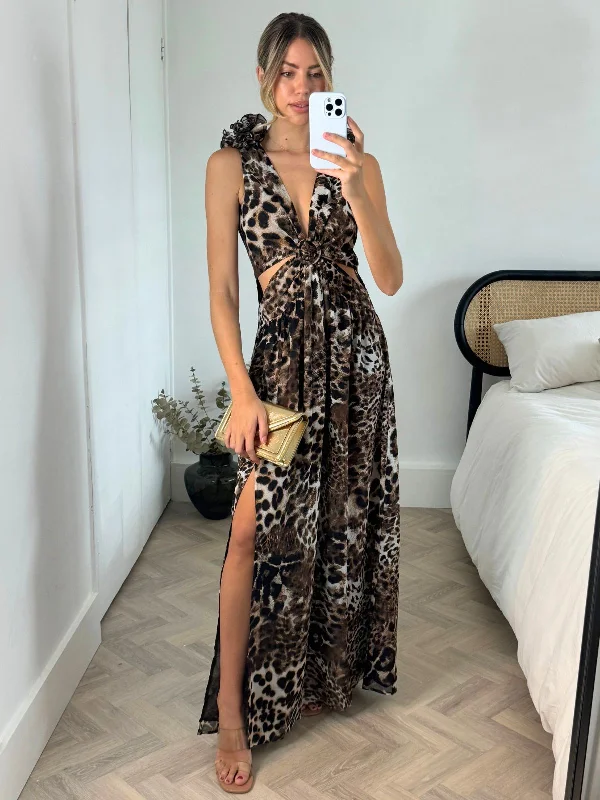 Price Meltdown Layla Maxi dress with shoulder corsage / Animal print