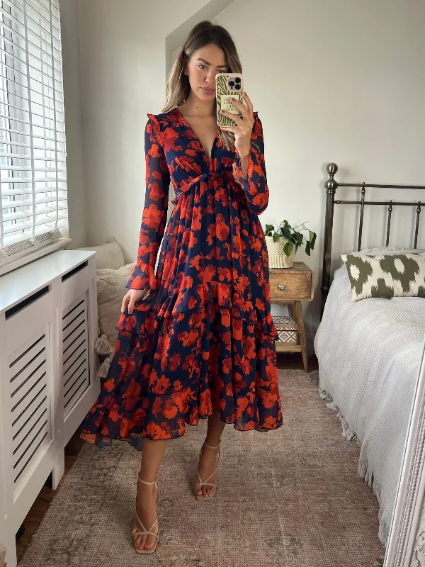 Time-Limited Offer Birdie Frill Tie Back Dress / Orange and Navy