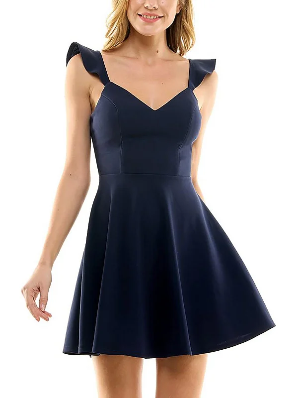 Last Chance Juniors Womens Ruffle Sleeve Lace Back Fit & Flare Dress