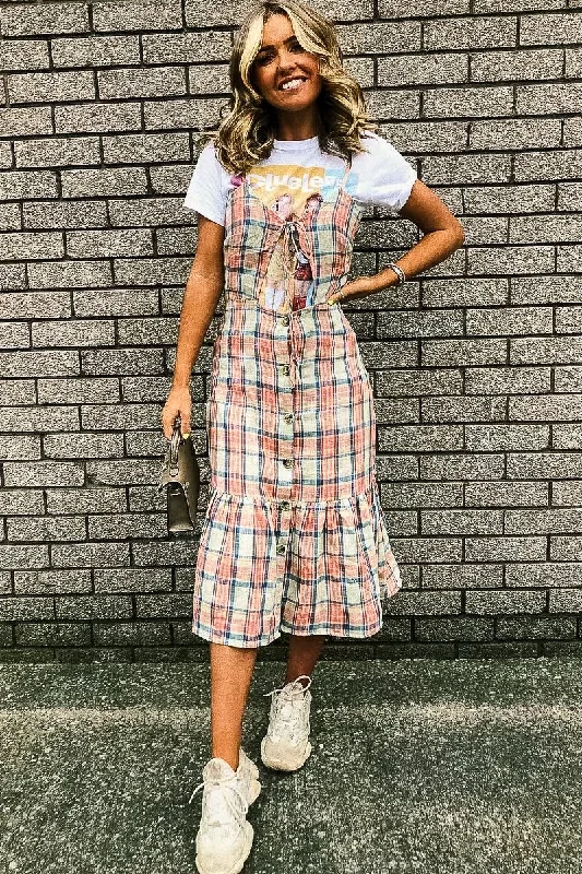 Online Specials Beige Check Tie Button Front Ruffle Hem Midi Dress - Lorenza