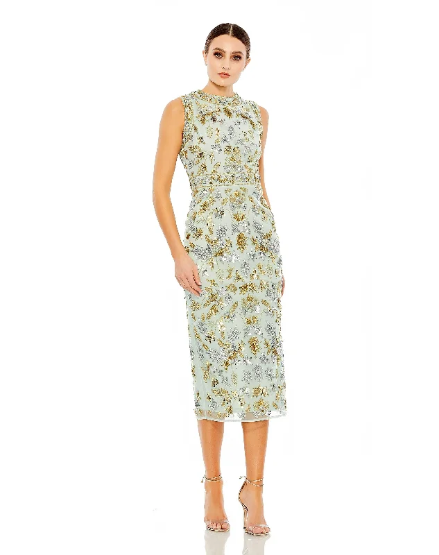 Best Seller Sequined, high neck, sleeveless sheath midi dress