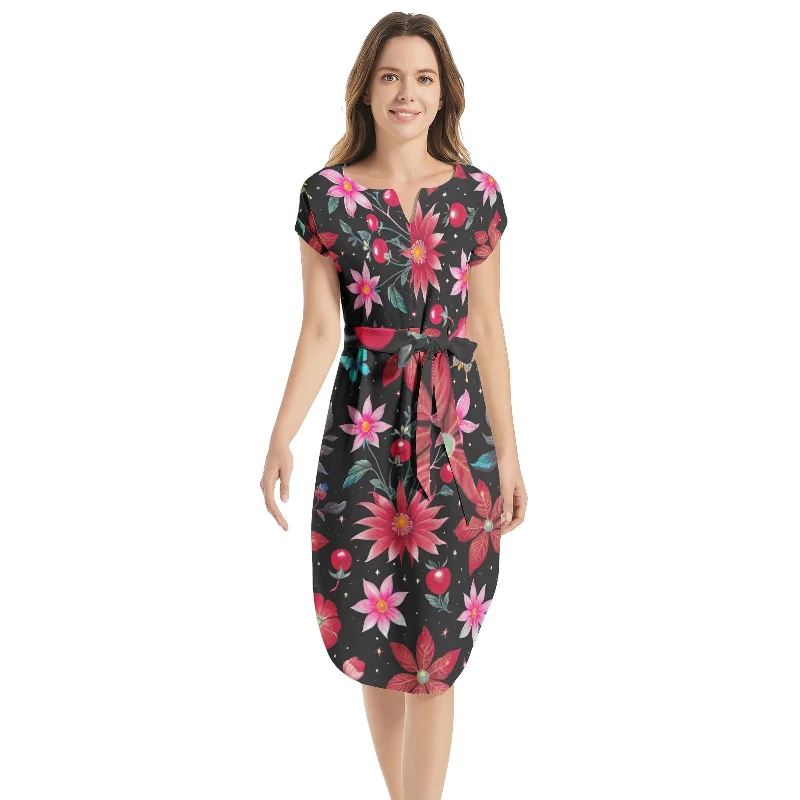 Super Sale Notched Neck Belted Dress