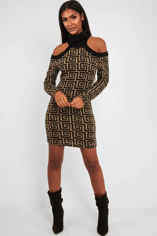 Hurry In Beige Black Repeat Pattern Cold Shoulder Dress - Donya