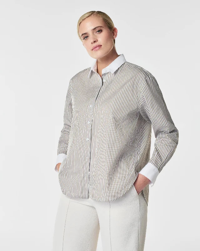 Discount Extravaganza SPANX® Poplin Oversized Button Down, Matcha Stripe