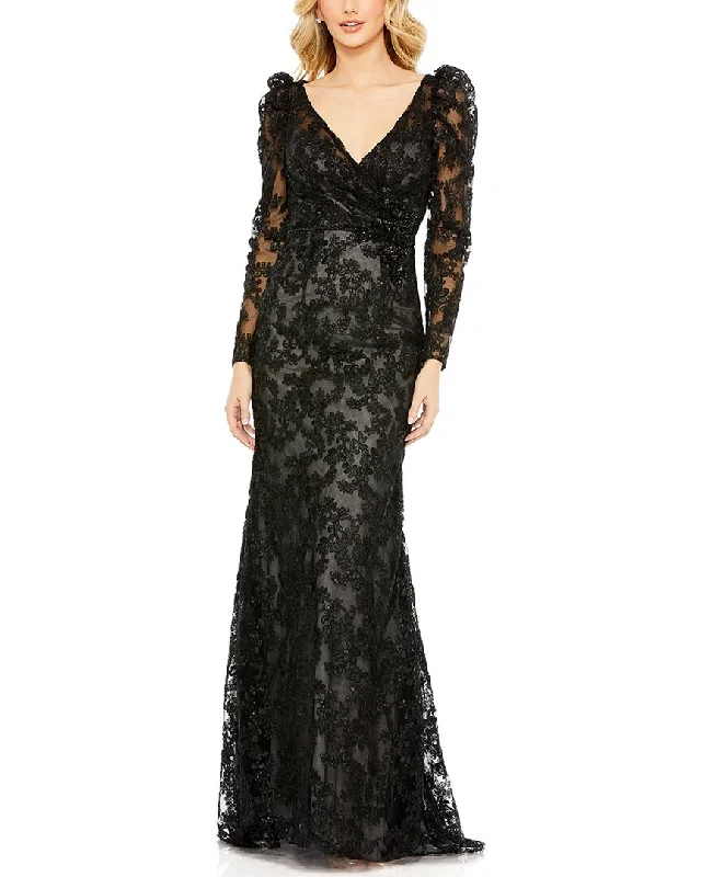 Daily Specials Mac Duggal Embroidered Lace Puff Sleeve Wrap Over Gown