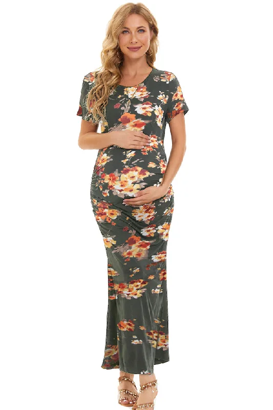 Weekend Flash Sale Smallahow Short Sleeve Floral Maternity Maxi Dress