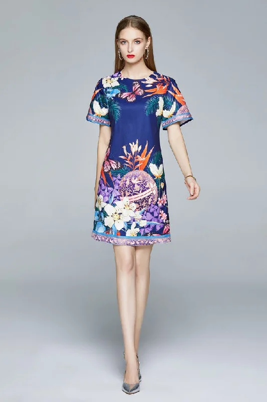 Discount Deals Navy & Multicolor floral print Day A-line Crewneck Short Sleeve Short Printed Dress