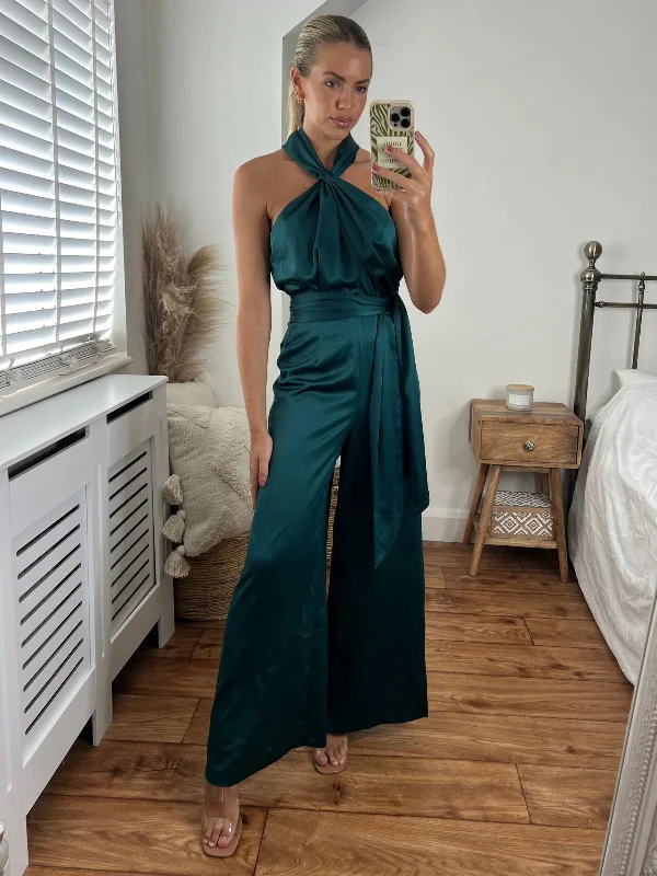 Discount Deals Romy Satin Halter Jumpsuit / Green