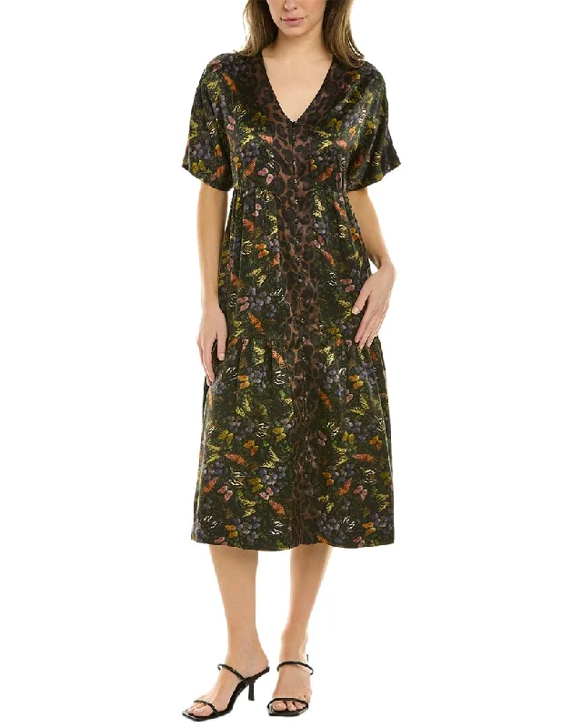 Savings Galore Johnny Was Midnight Mariposa Button Front Silk Midi Dress