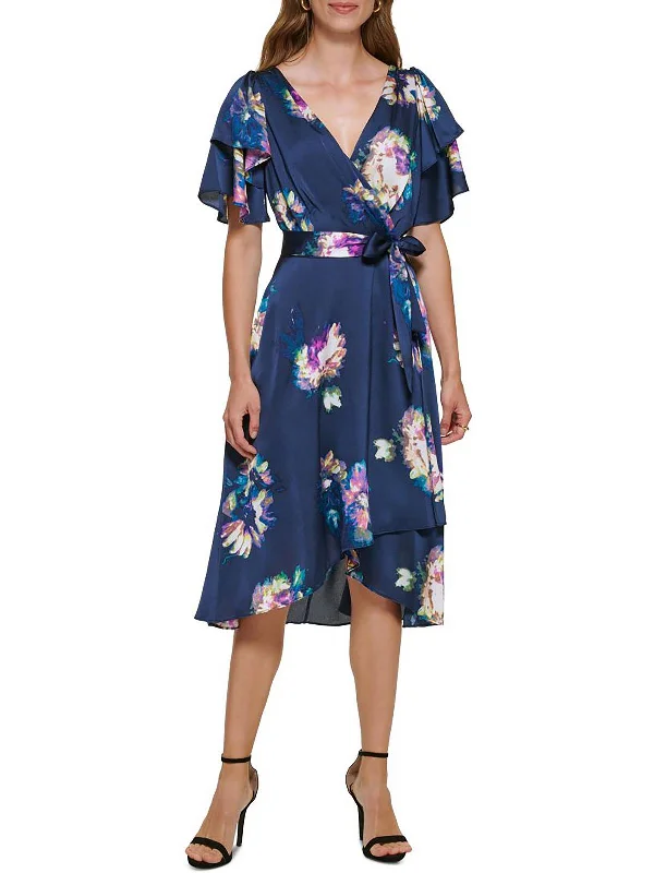 Final Markdown Womens Floral Faux Wrap Midi Dress