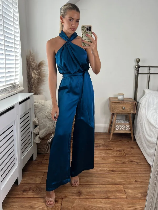 Super Deal Romy Satin Halter Jumpsuit / Peacock Blue