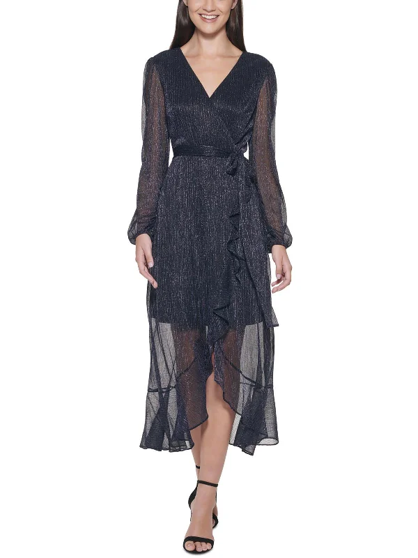 Limited Edition Womens Faux Wrap Metallic Midi Dress