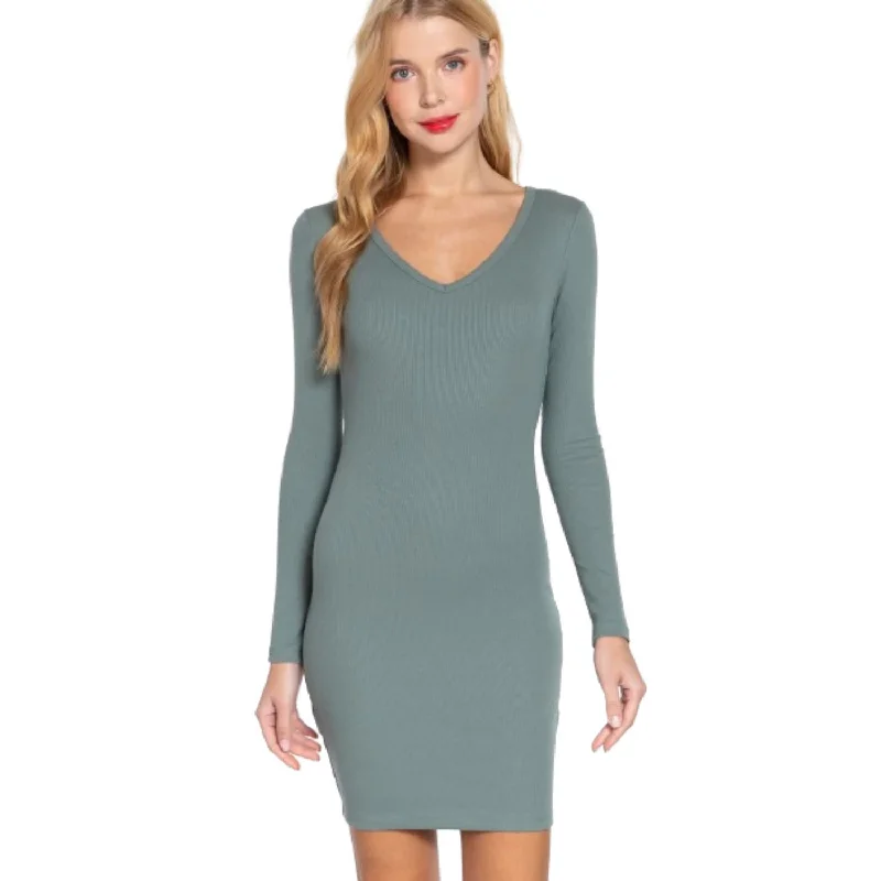 Deep Discounts Long Slv V-neck Mini Rib Dress